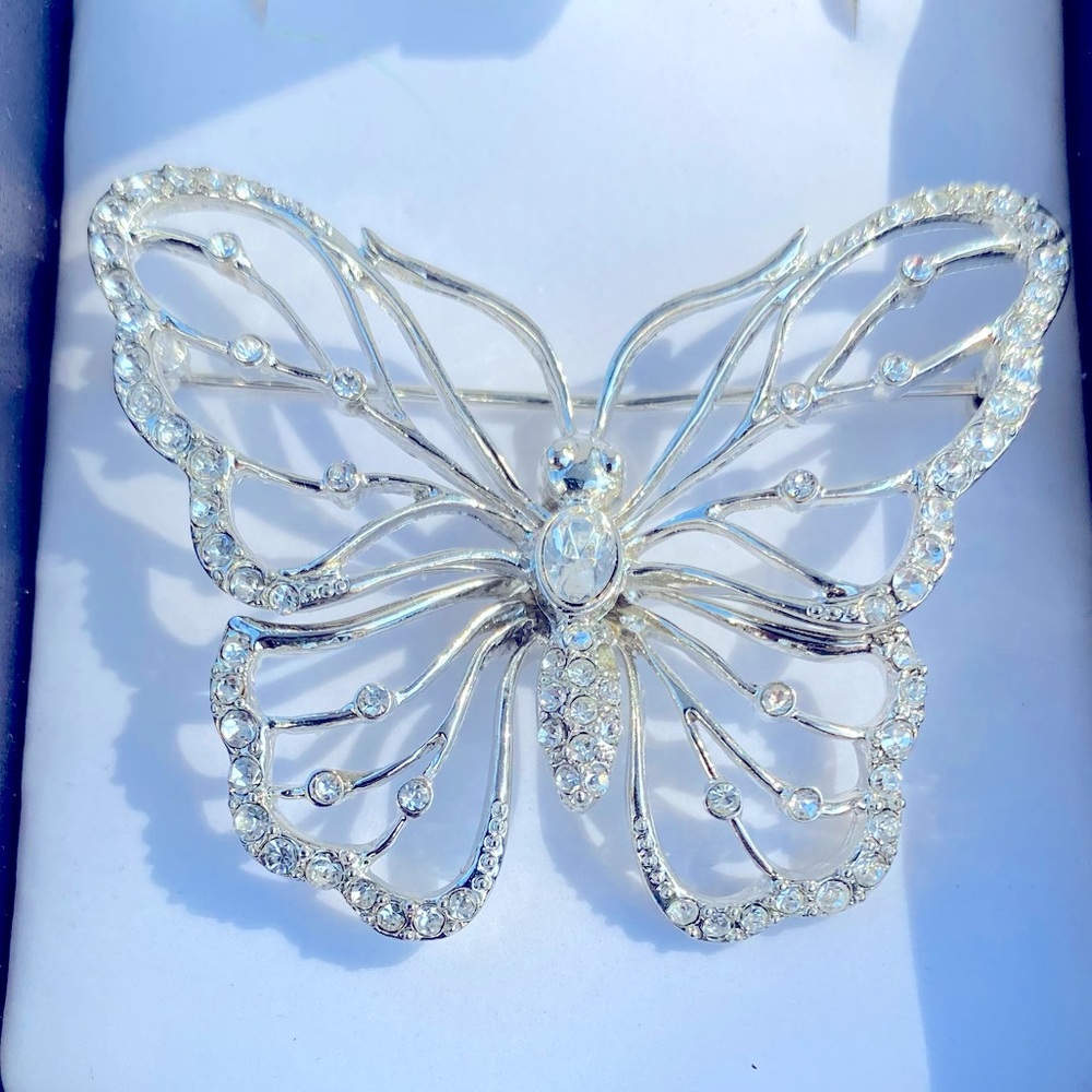 Silver Rhinestone Butterfly Brooch Pin